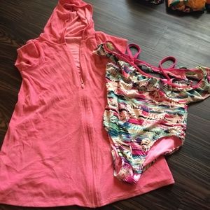 Ruffled off the shoulder tropical one piece bathing suit and pink hooded coverup